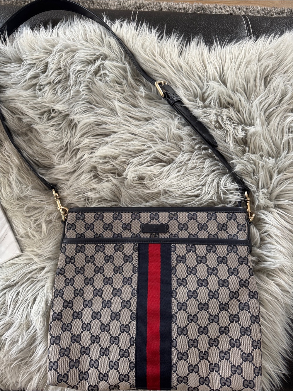 Gucci Beige GG Supreme Crossbody with Navy and Red Web Stripe